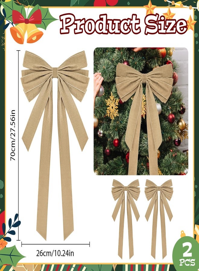 Stuffygreenus 2 Pcs Large Christmas Velvet Bows 10" x 27.5" Christmas Bows Tree Ornament Xmas Velvet Ribbon Bow for Gift Wrapping Wreaths Garland Holiday Home Front Door Decor (Khaki) - Image 2
